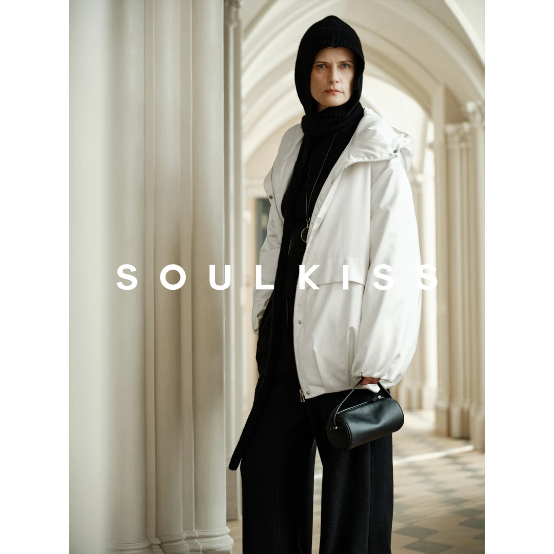 SOULKISS时髦B败 摩登巨暖鎏光缎面感95纯净白鸭绒花苞羽绒服外套