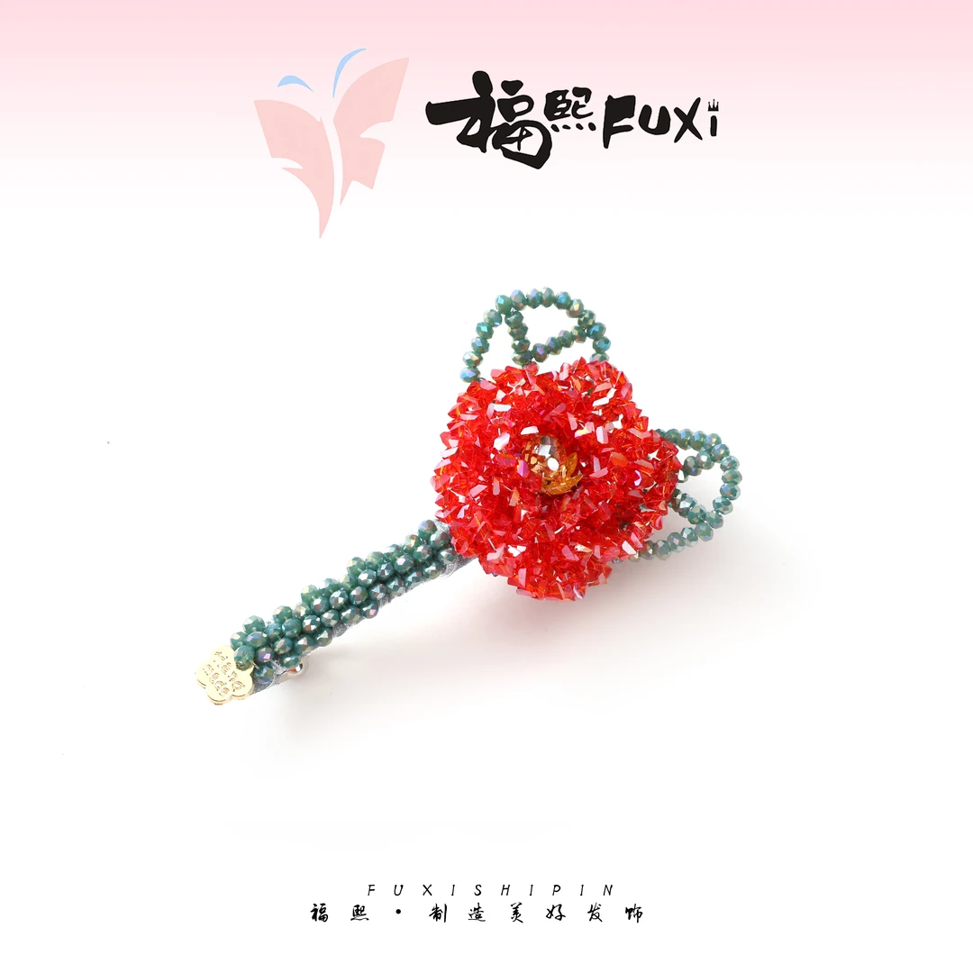 【扶摇】精品水晶新款重工编织红色花气质百搭六公分扣夹WM-1149