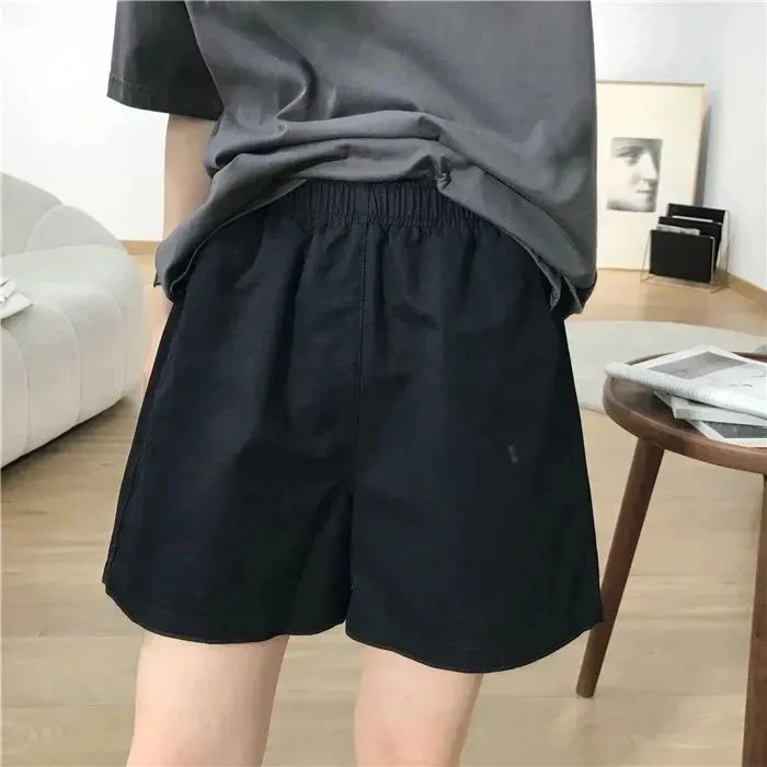 纯色休闲棉短裤女夏季新款松紧高腰复古显瘦休闲宽松阔腿裤正