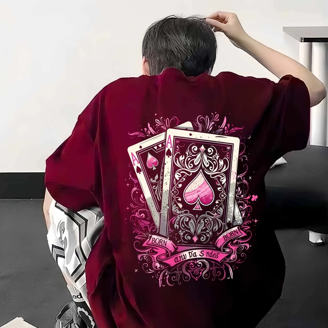 100%纯棉红色美式宽松T恤短袖男2025潮牌男女夏季圆领情侣款上衣