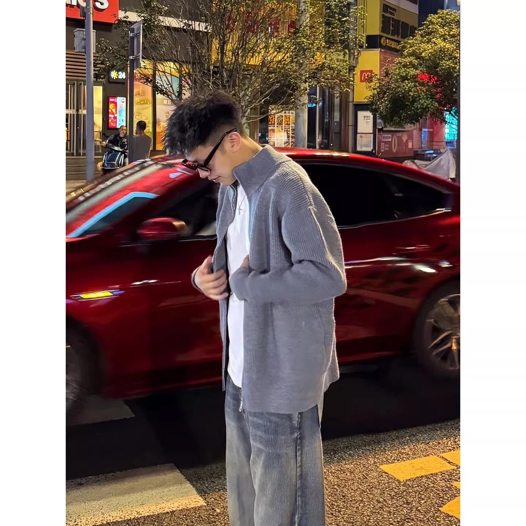 cleanfit灰色针织开衫外套男秋冬美式拉链毛衣慵懒高级感立领夹克