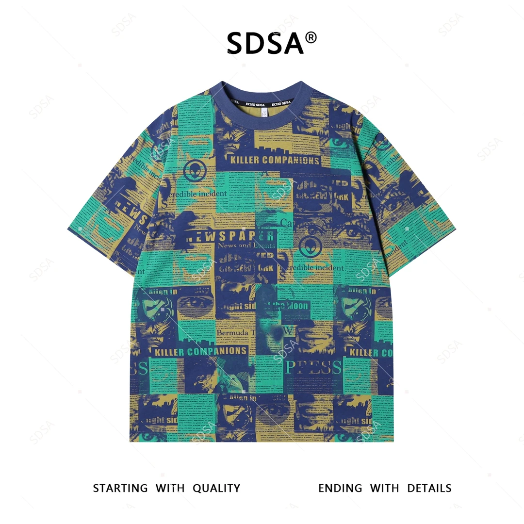 SDSA男士短袖t恤2025新款轻奢痞帅男装撞色满印字母圆领百搭上衣