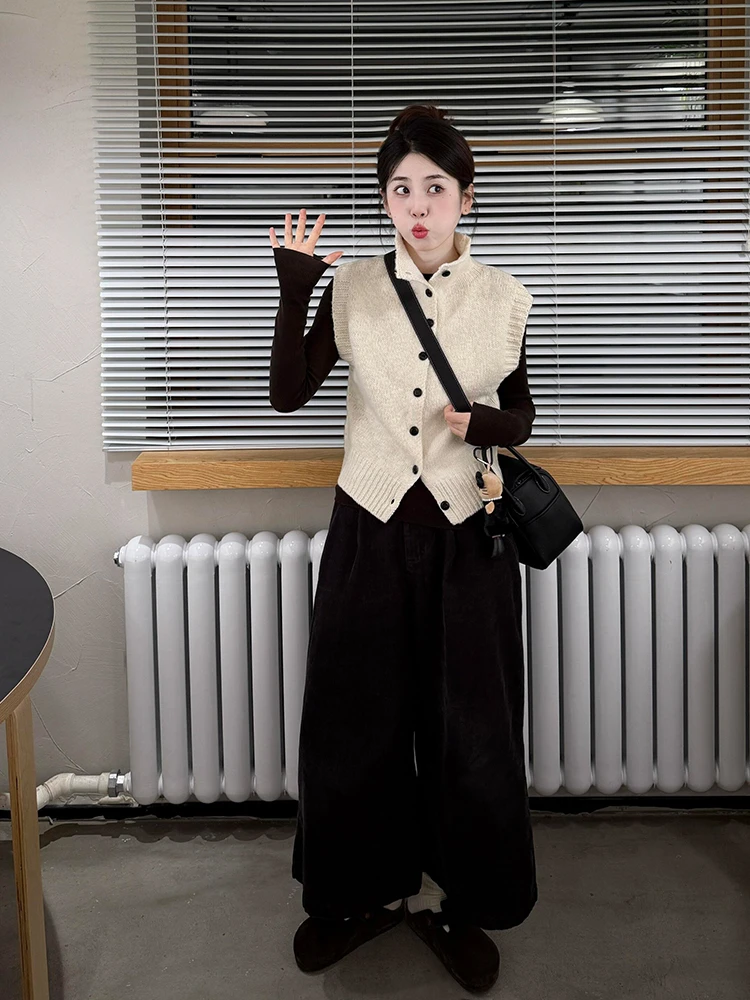 2025秋季针织毛织开衫上衣修身气质打底衫休闲阔腿长裤三件套女