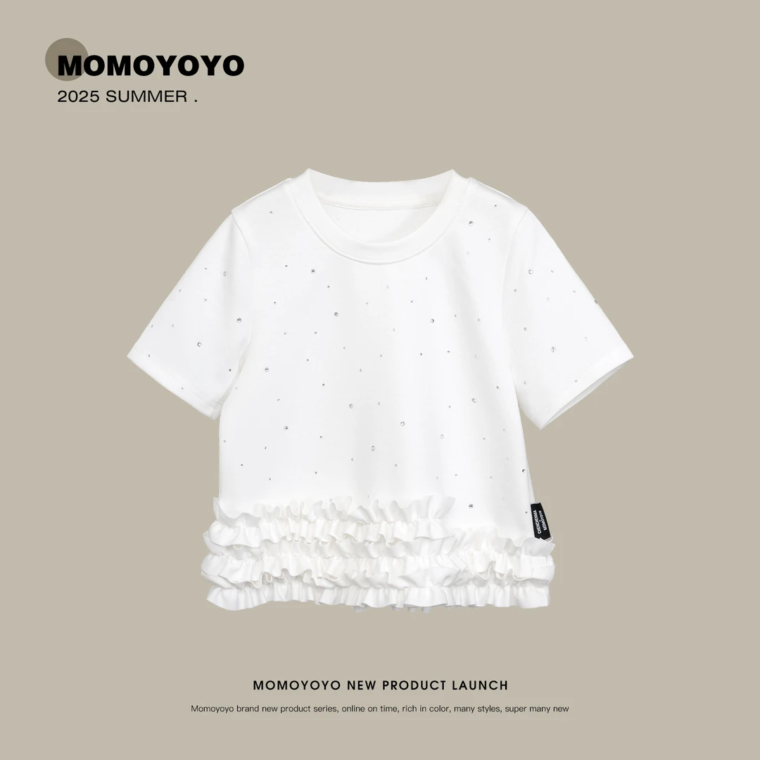 辰辰妈【花边钻】春夏女童百搭韩版时尚小童儿童花边碎钻T恤 8158X