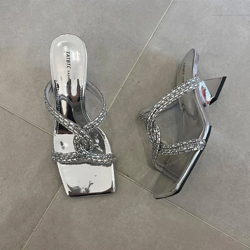 大码高跟鞋女41-43宽胖脚女鞋夏季爆款新款凉鞋外穿拖鞋银色凉拖