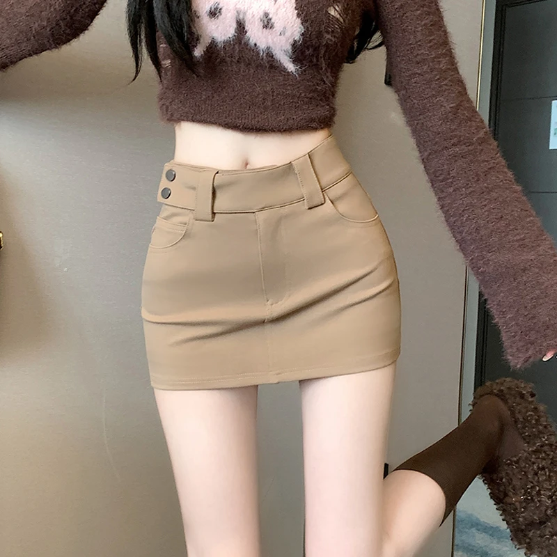 卡其色西装半身裙女2025秋季新款性感辣妹高腰弹力包臀裙a字短裙