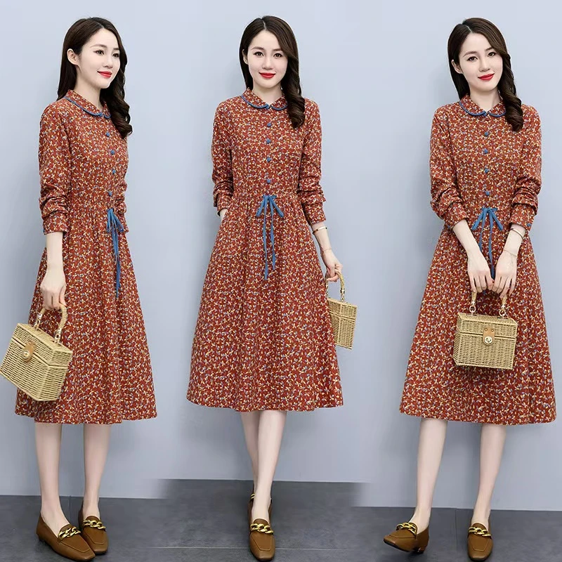 1073号女装系带棉质连衣裙早秋文艺收腰显瘦减龄小个子碎花长裙