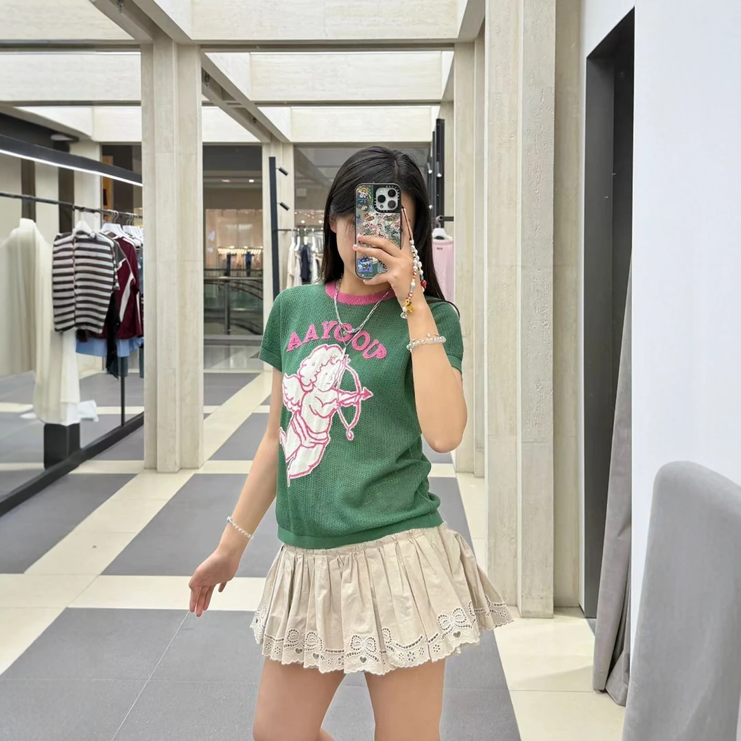 丫丫亲妈2025夏季新款「天使」爱的小天使镂空圆领短袖毛衫T恤女