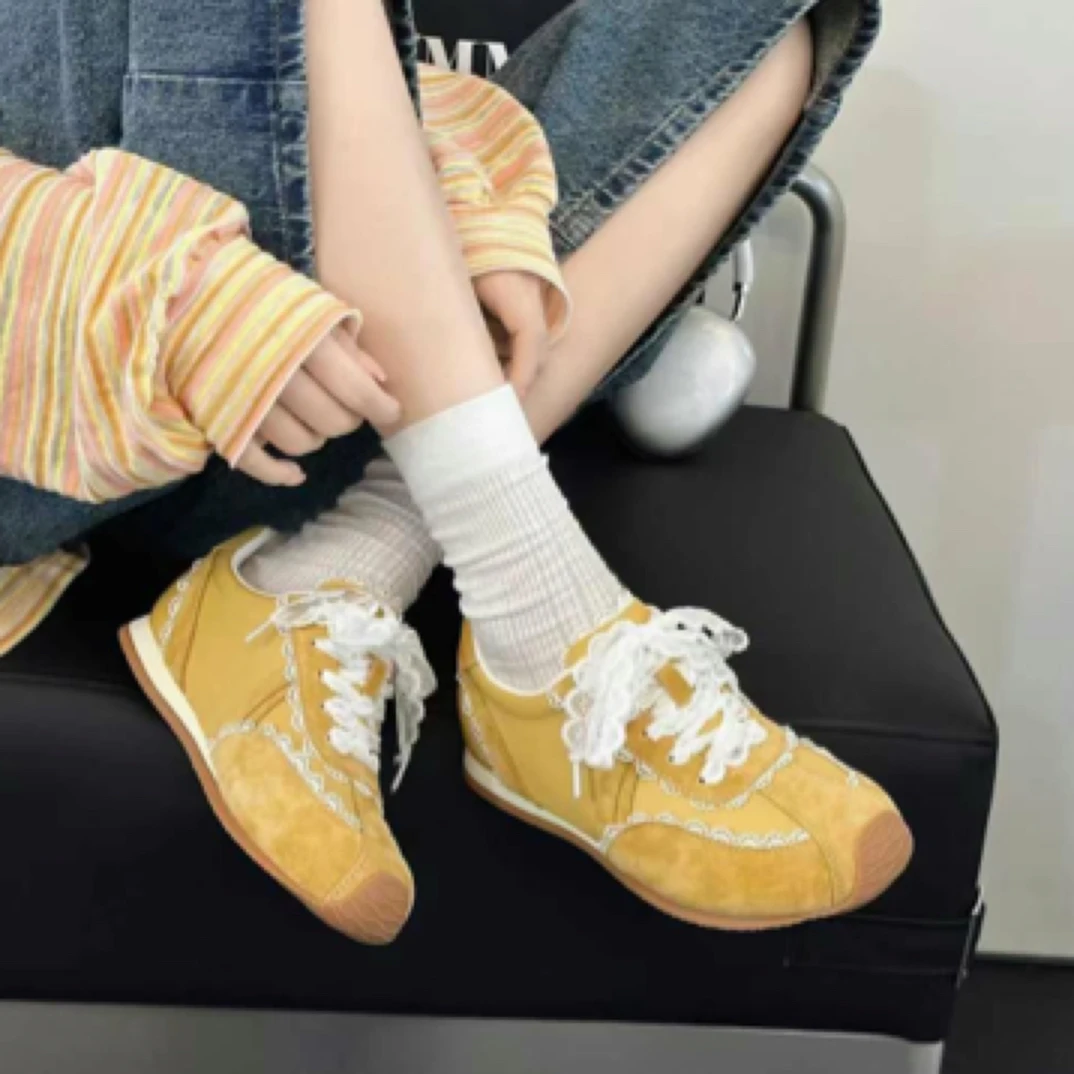 品牌女鞋2025新款真皮德训鞋女蕾丝花边平休闲运动板鞋百搭阿甘鞋