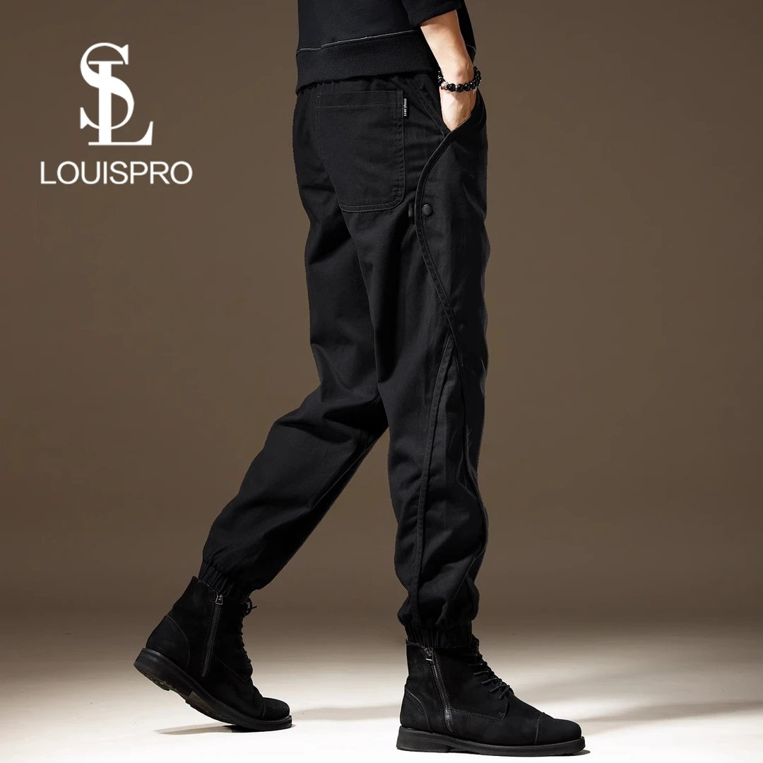 Louispro高端秋季加绒休闲工装裤子男美式黑色宽松直筒束脚长裤男