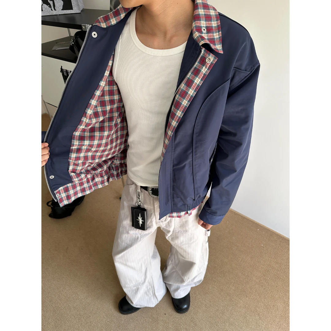 CZ2秋冬复古美式海军蓝拼接撞色千鸟格男女翻领夹克重磅休闲外套