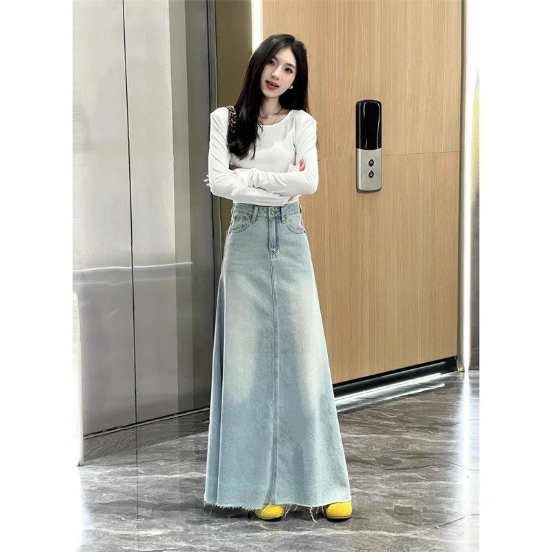 胖颖专属大码夏季新款韩系高腰大摆加长牛仔裙显瘦半身裙0237