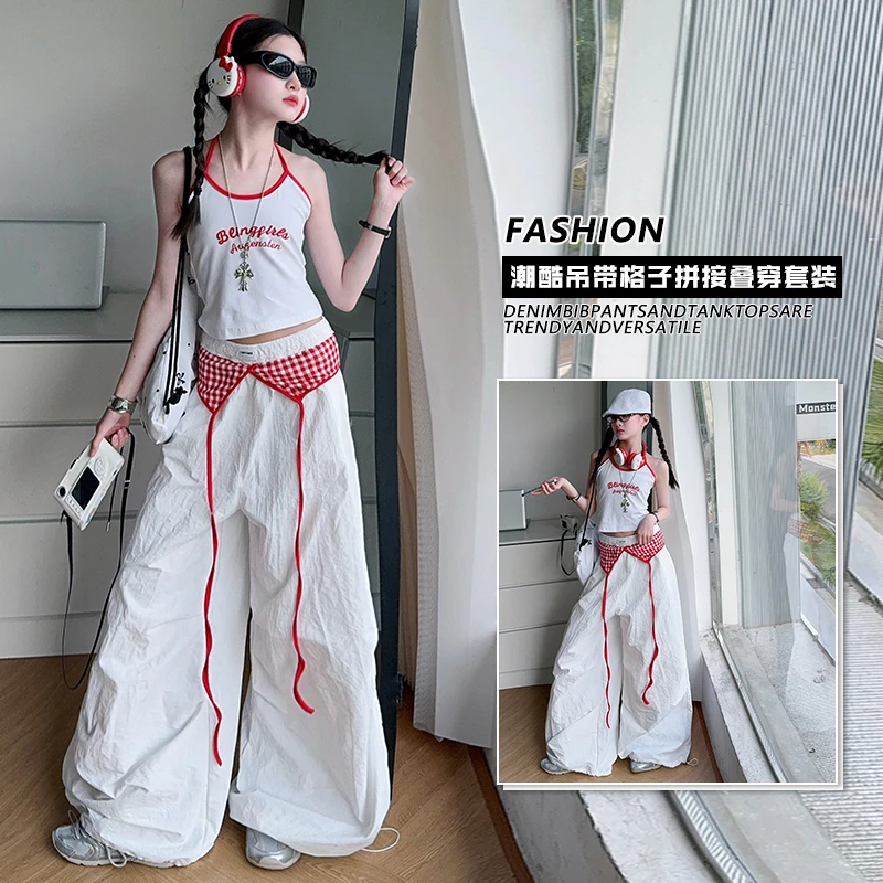 现货女童2025时尚红格子屁帘叠穿裤背心套装