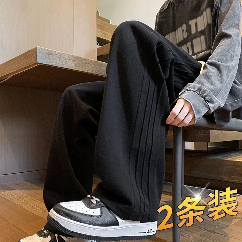 青少年褶皱侧条纹拼接卫裤男2025爆款潮牌宽松直筒阔腿休闲长裤子