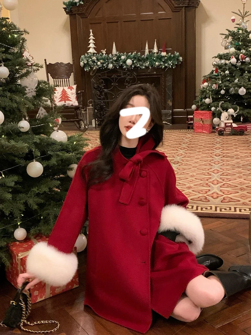 韩系新款加厚呢子大衣高级感气质海军领格子毛呢外套女冬7066
