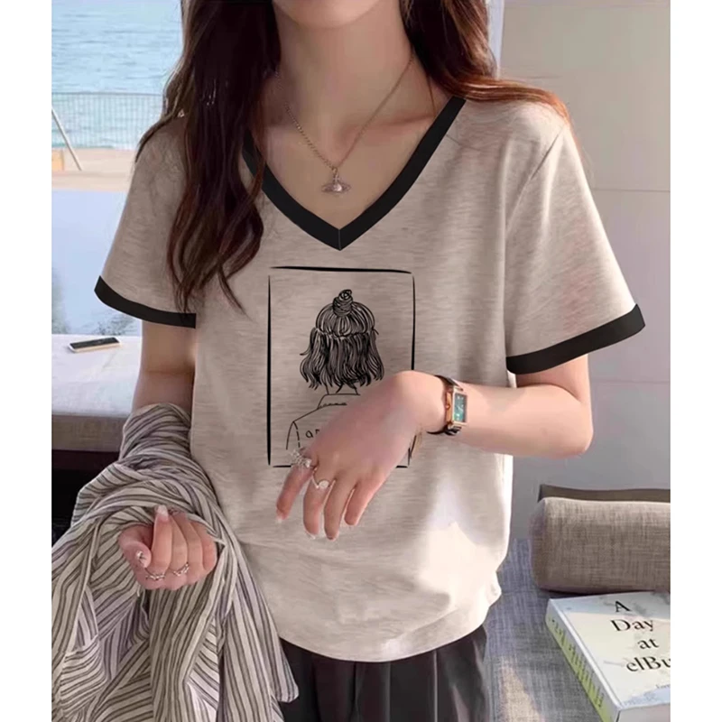 夏季爆款正肩洋气t恤女短袖欧货胖mm遮肚显瘦别致拼接V领纯棉上衣