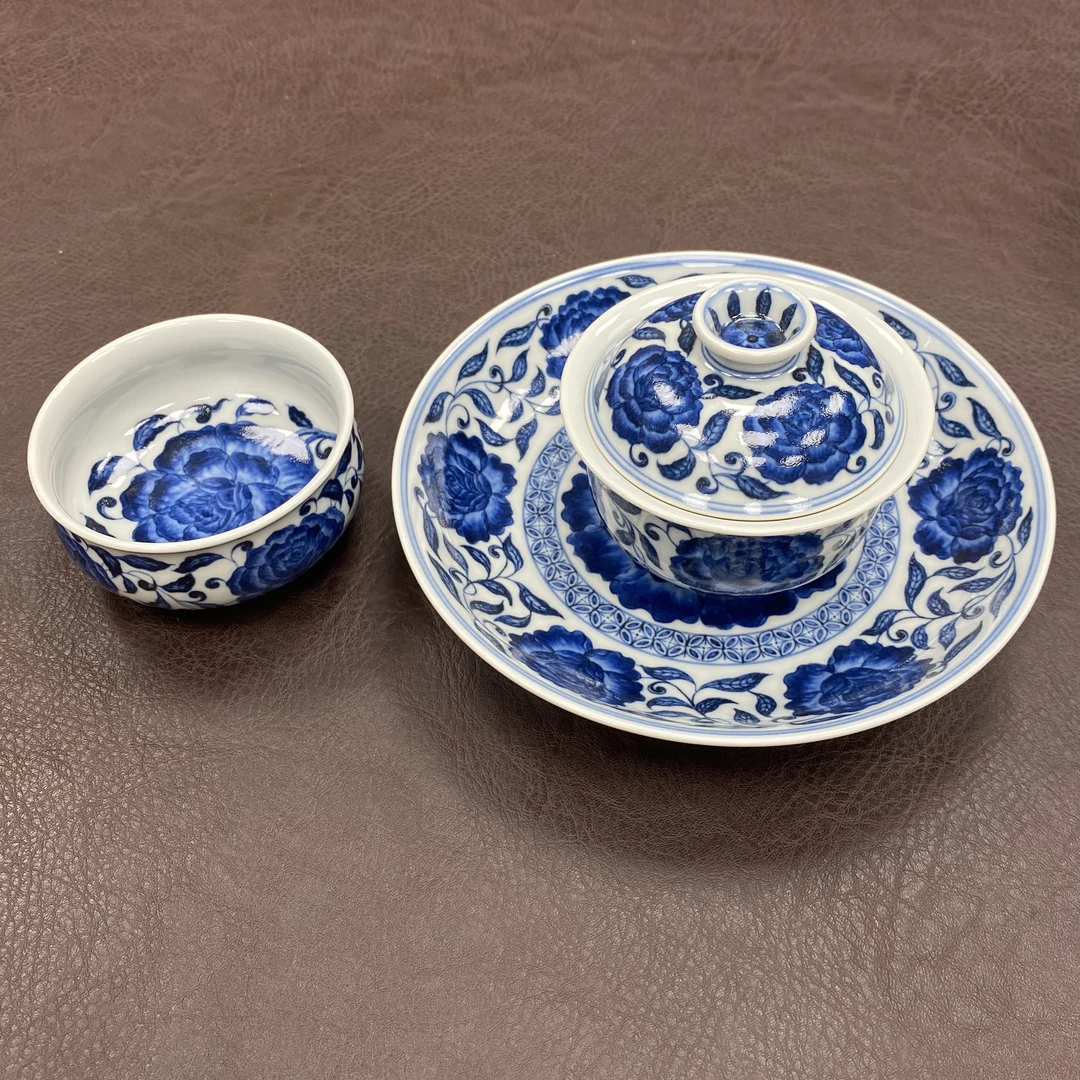 又见春风青花月季花三件套 茶盘景德镇手工纯手绘茶具