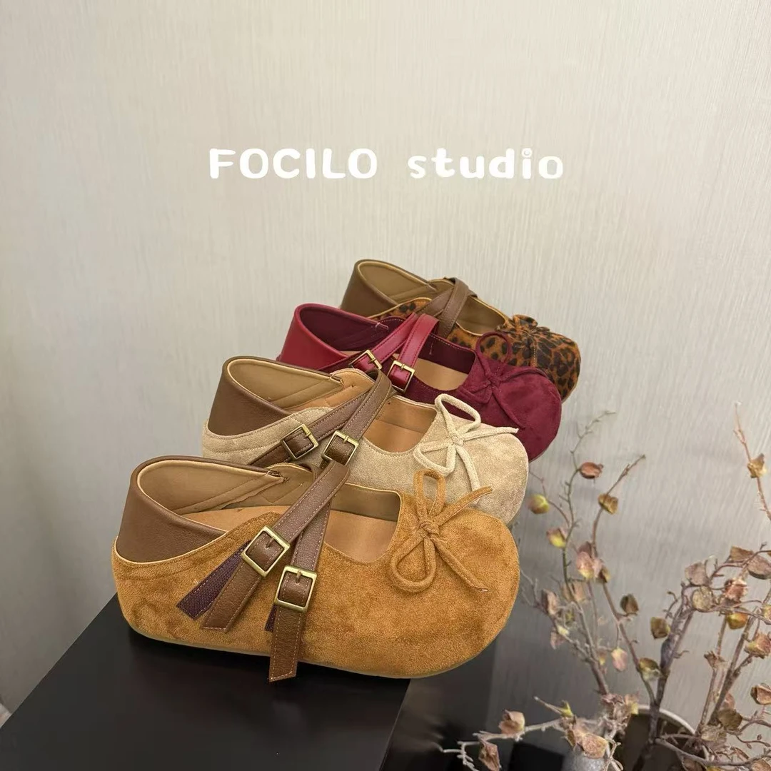 2025秋季玛丽珍鞋纯色蝴蝶结豆豆鞋粗跟薄款休闲单鞋复古勃肯鞋女