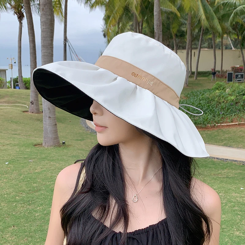 衣多芬防紫外线渔夫帽女春夏季韩版大檐字母黑胶防晒盆帽户外出游