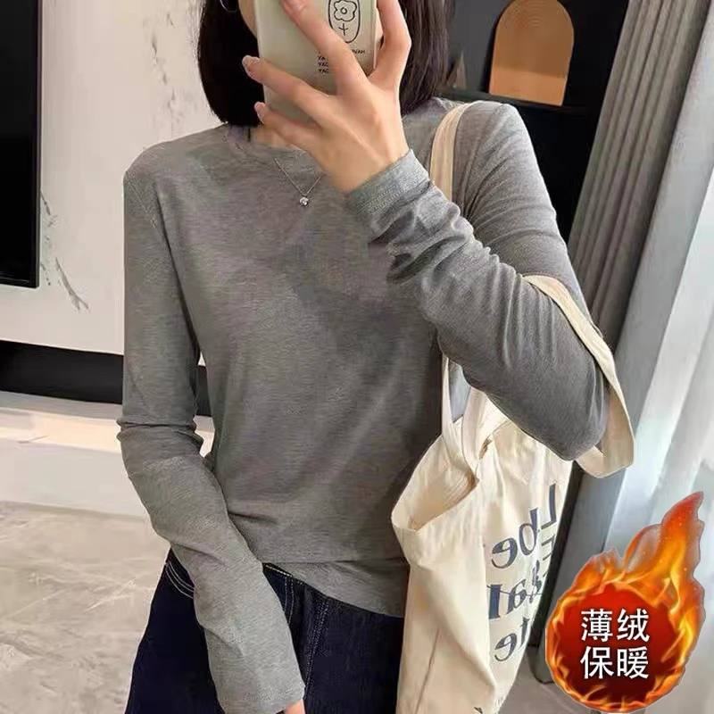 早秋外穿圆领长袖体恤衫女修身纯欲风新款冬季内搭打底衫纯色上衣