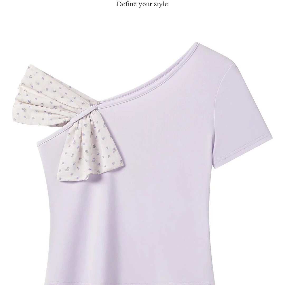 羊城故事夏日百搭法式紫色露肩上衣女2025新挖肩短款T恤Y50550268