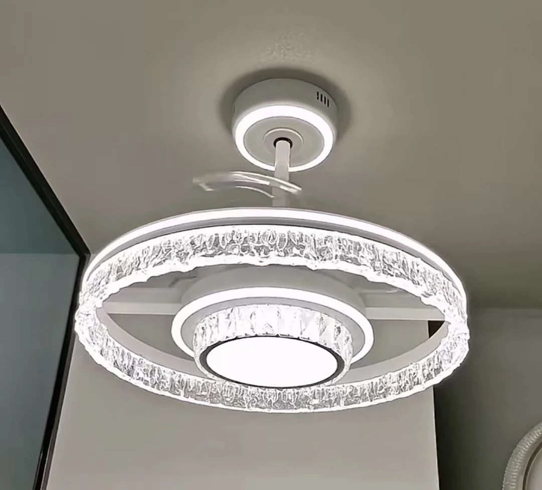 冰雕水晶款餐厅灯风扇灯卧室吊灯电扇灯一体离线语音家用中山灯具