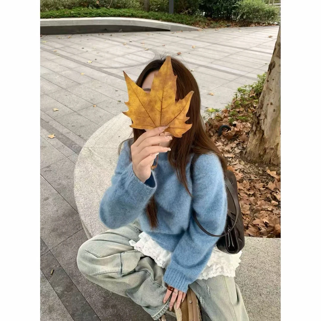 6202-1【三炫女装】蓝霜枫露~冬季新款圆领时尚百搭拉绒上衣三