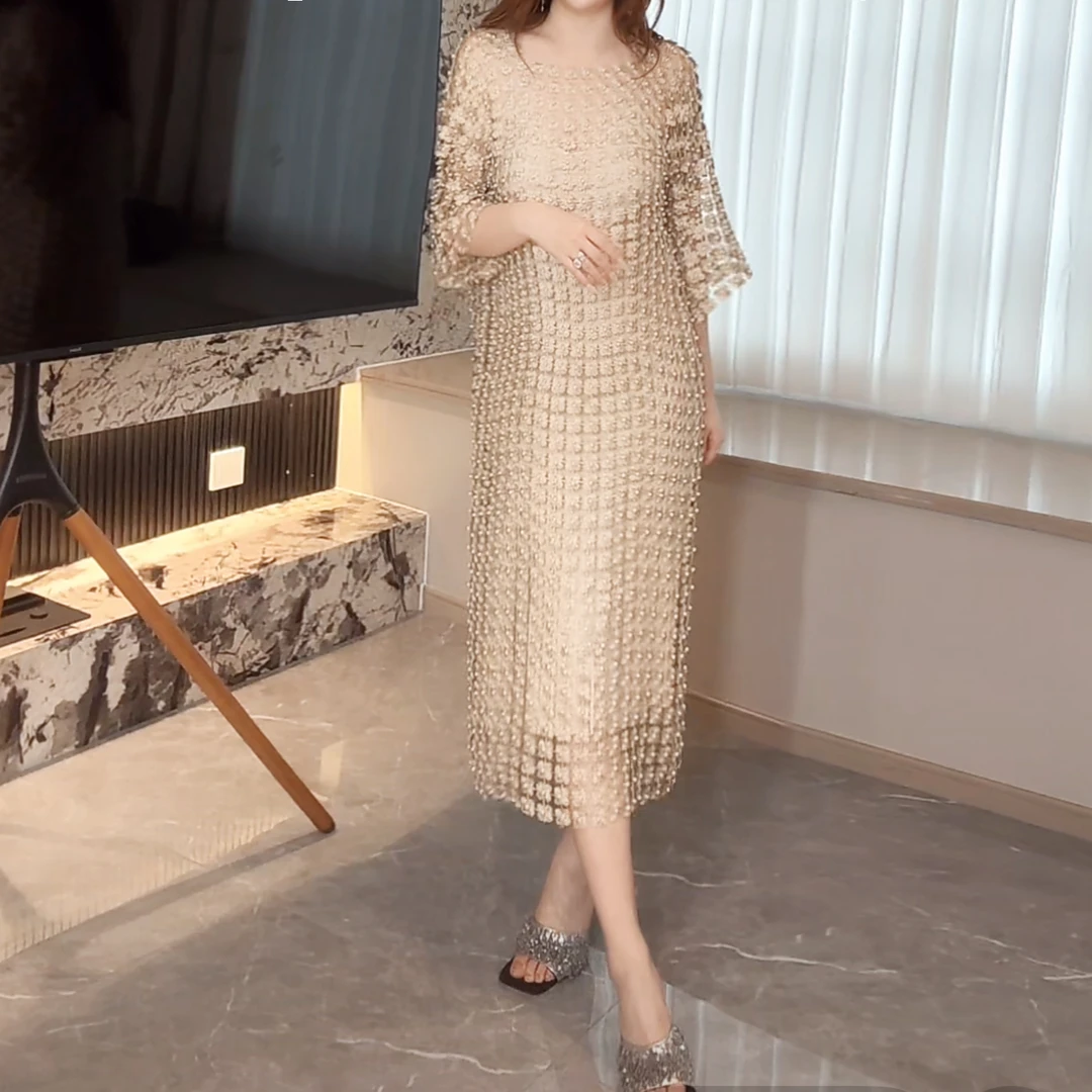 【奢也】高奢质感华丽手工钉珠夏季罩衫套装连衣裙