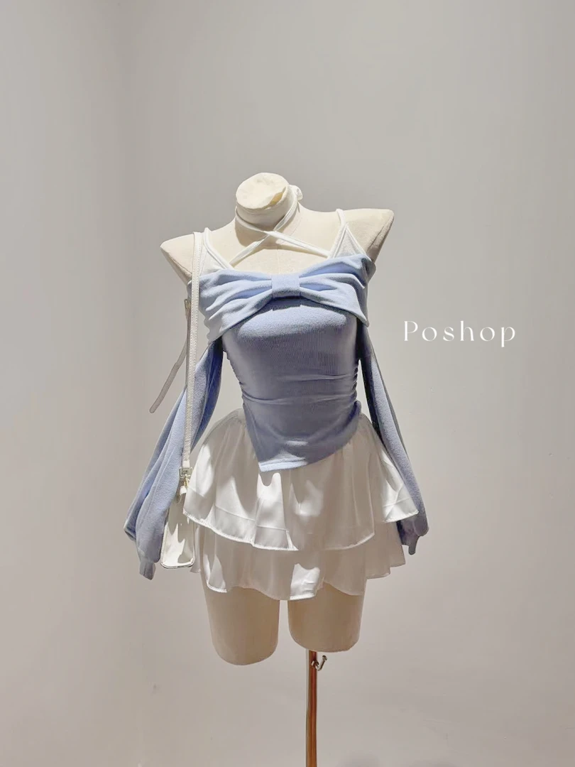 POSHOP 蓝色显瘦一字肩甜妹套装 长袖不规则小众设计
