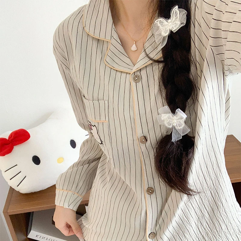 睡衣女款爆款2025新款长袖长裤开衫春秋夏季条纹可外穿家居服套装