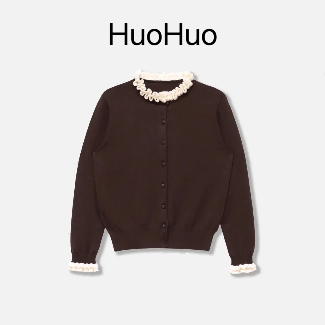 绵羊绒秋季新品气质木耳边撞色花边显瘦长袖毛针织衫百搭休闲