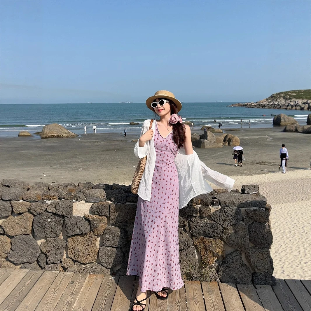 实拍~海边度假风V领碎花收腰无袖连衣裙+薄款防晒衬衣韩版女装