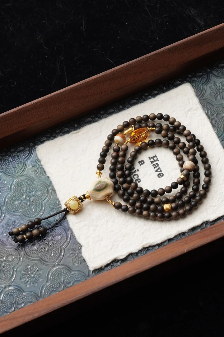 金戈铁犸 天然猛犸牙绿眼三通圆珠5mm沉水供料念珠手串