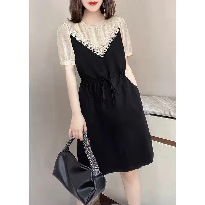 5251 设计感黑色圆领泡泡袖气质收腰减龄连衣裙女欧洲站夏季新款