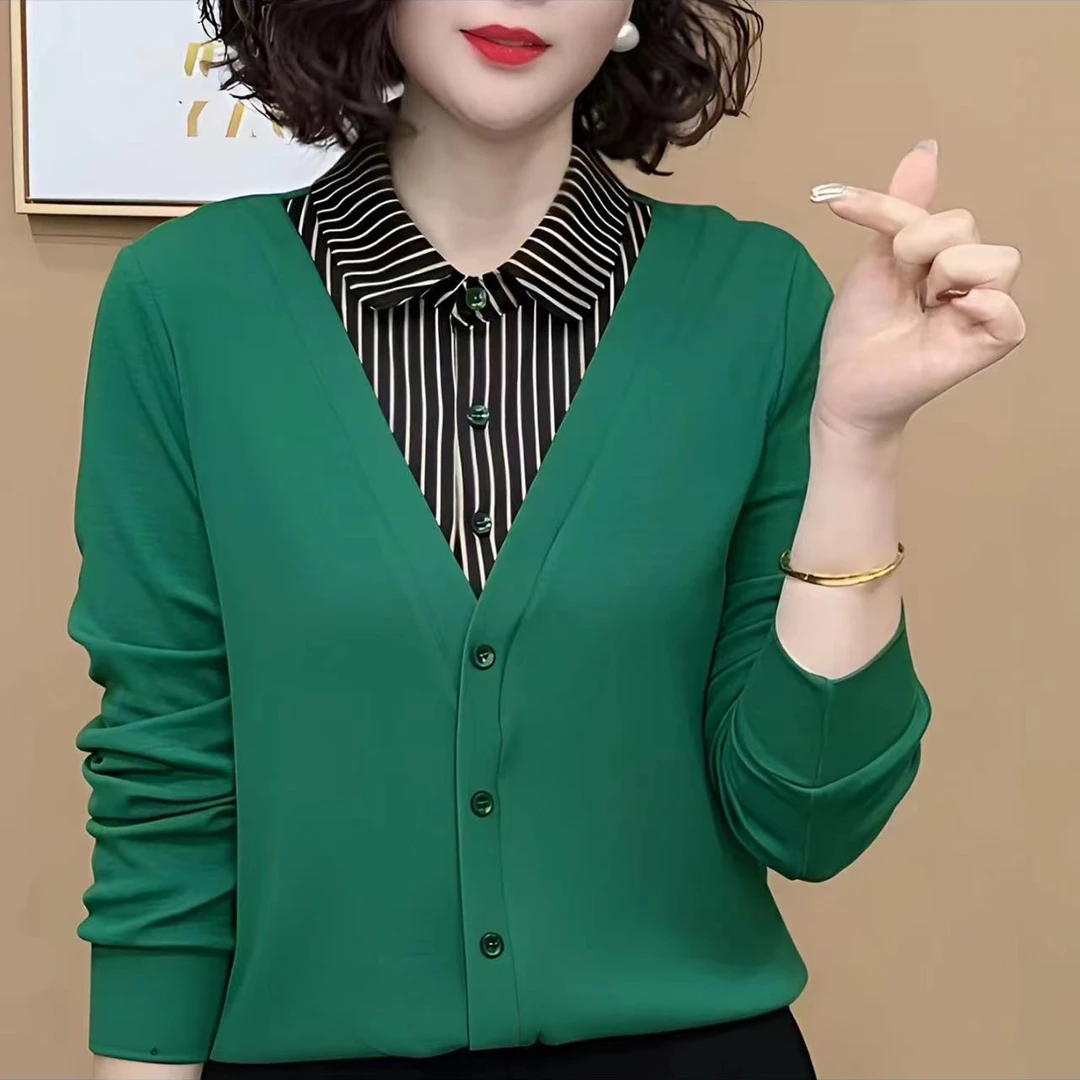 5816新款条纹拼接套头衬衫领显瘦假两件衫