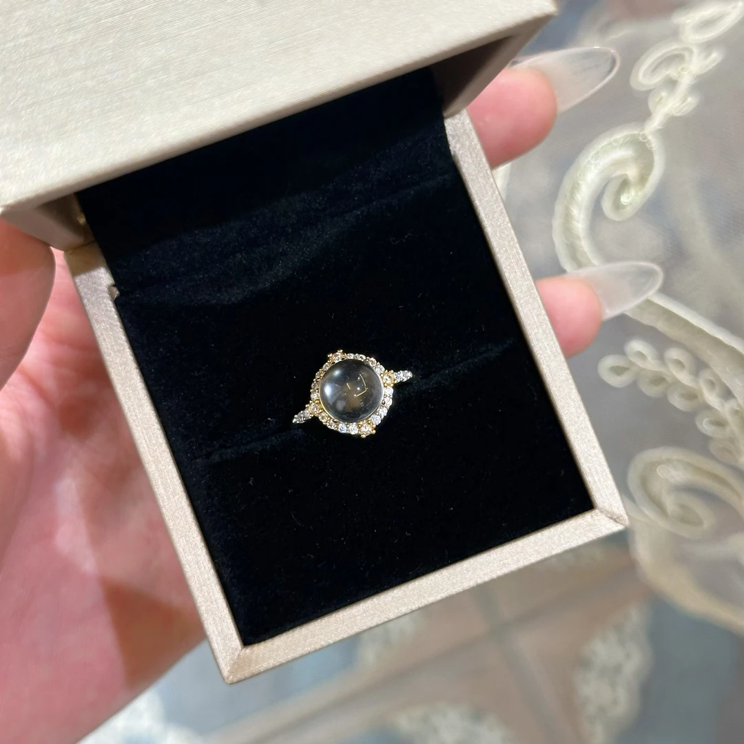 s925银镀金白冰高透蛋面轻奢古典戒指设计师款