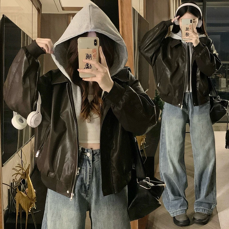 美式复古假两件连帽拼接PU皮外套男女潮秋冬宽松潮流百搭情侣皮衣