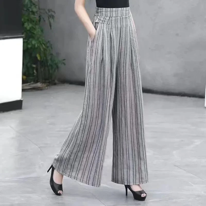 2025春夏新款款亚麻条纹阔腿裤女高腰宽松显瘦松紧腰麻料休闲裤子