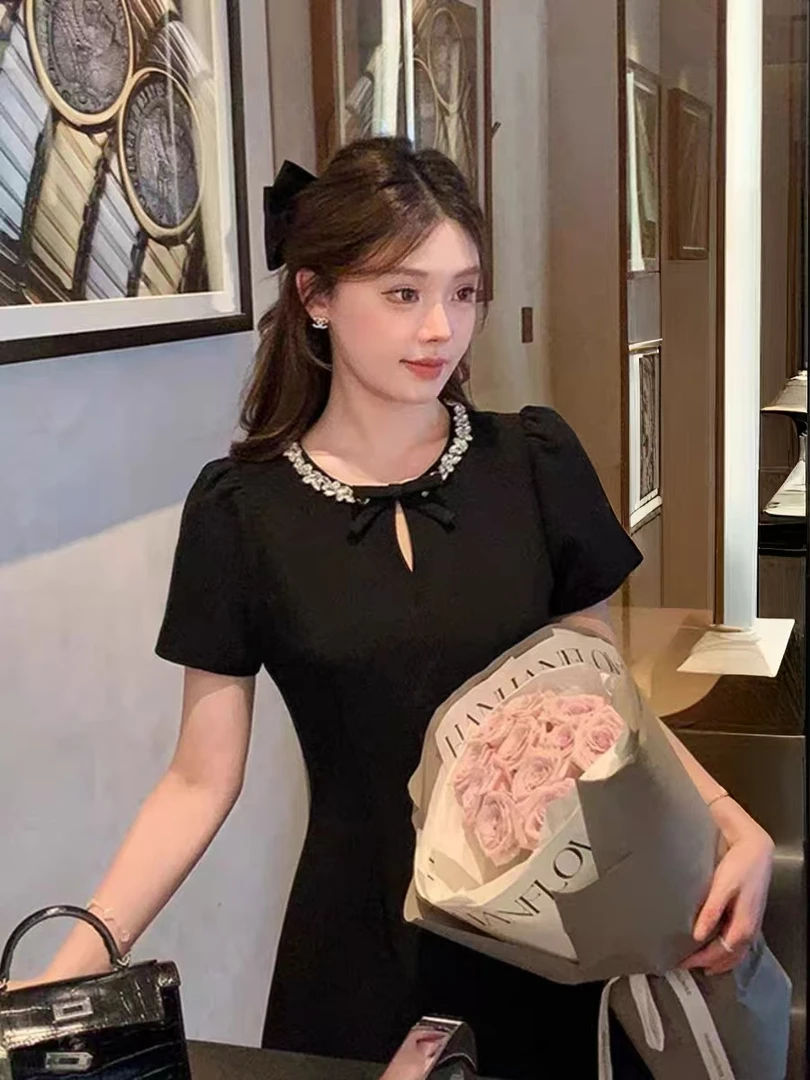 甜美少女感重工钻领MIU系千金风连衣裙夏高级感订婚生日礼裙1752