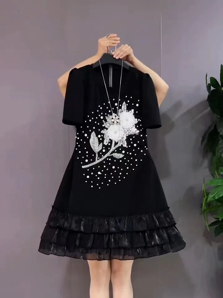 欧货大码女装2025夏季新款时尚设计感重工亮片钉珠显瘦短袖连衣裙
