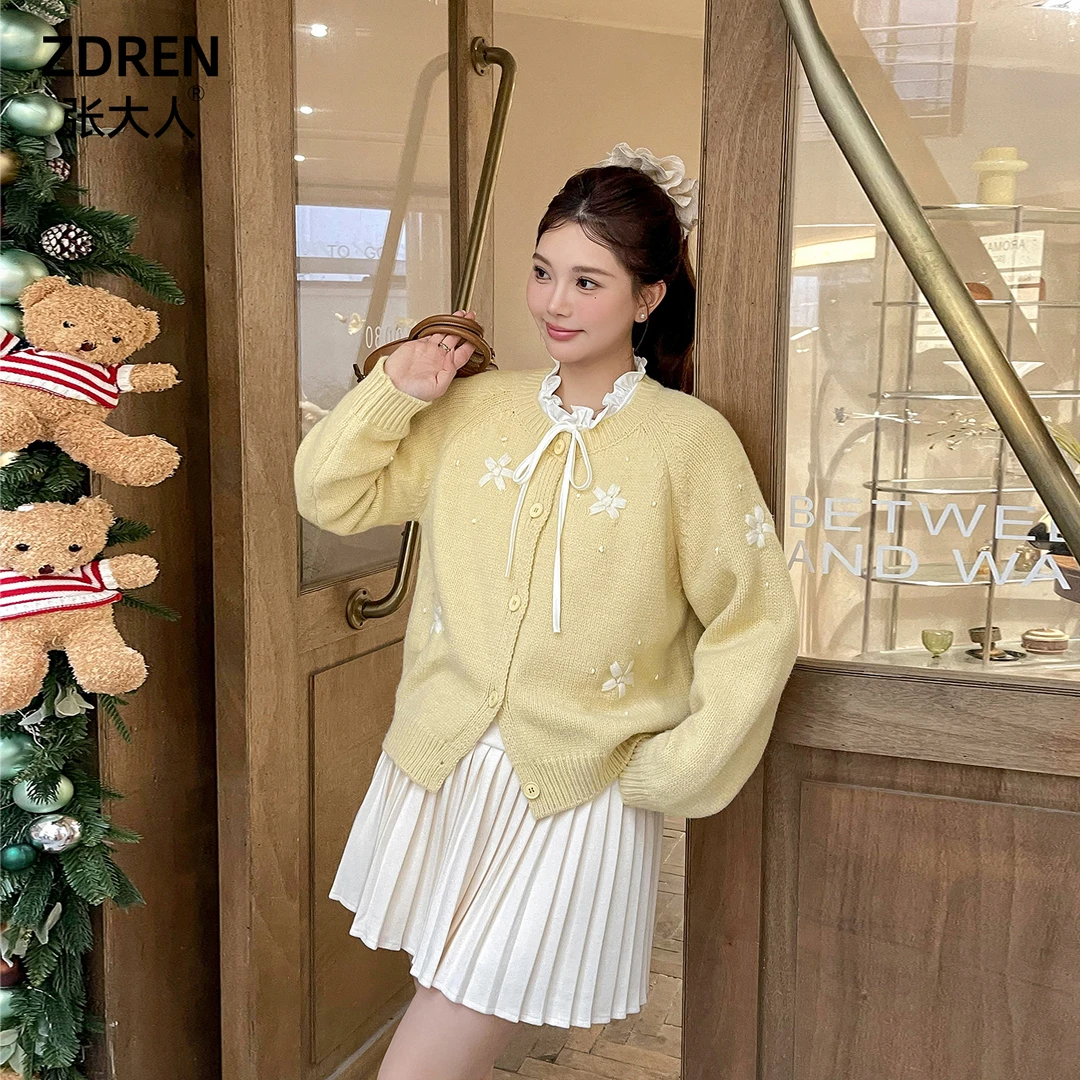 张大人【水雾花涧】大码女装微胖妹妹甜美花朵刺绣毛衣搭半裙套装