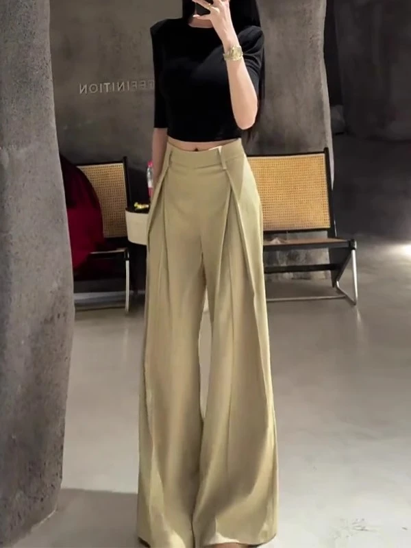 慵懒风卡其色褶皱西装裤女装2025夏季新款高腰宽松显瘦休闲阔腿裤