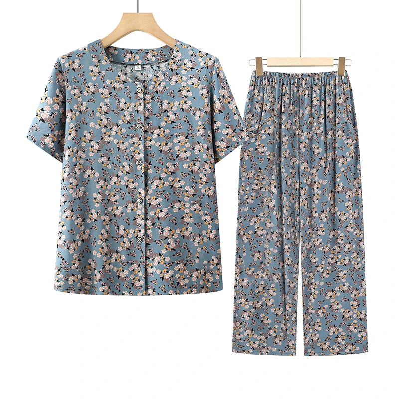 奶奶夏装套装棉绸中老年女妈妈短袖T恤老人上衣服婆婆大码两件套