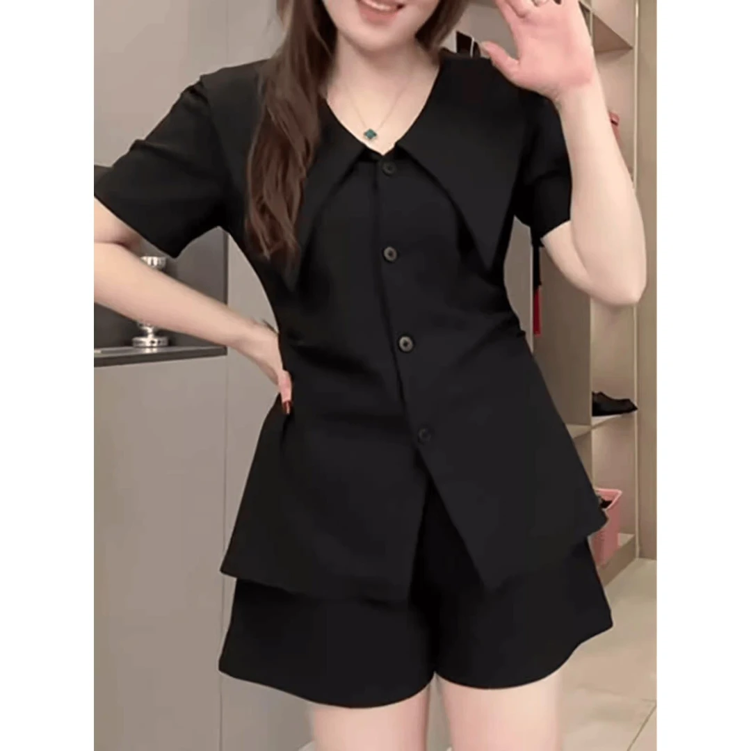 大码夏季气质娃娃领短袖衬衫女胖mm设计感小众收腰遮肚子显瘦上衣