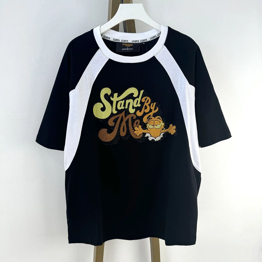 1730  新款美式休闲卡通烫钻字母短T恤男女同款