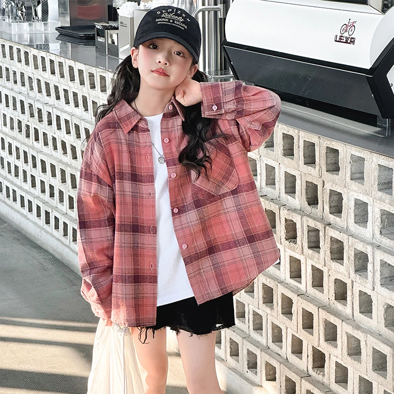 女童衬衫2025春秋新款韩版格子上衣休闲百搭定制款宽松秋季儿童