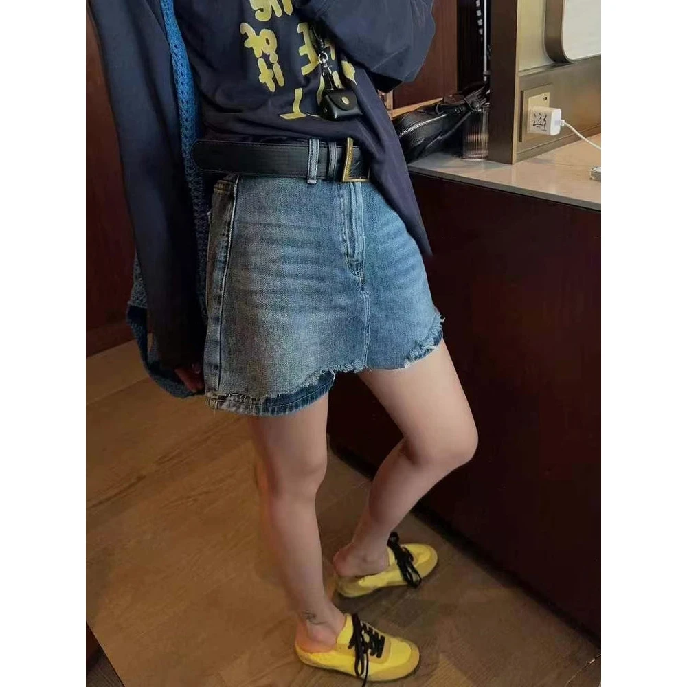 大码高腰休闲牛仔裙裤2025夏季新款破洞毛边显瘦设计a字百搭短裤