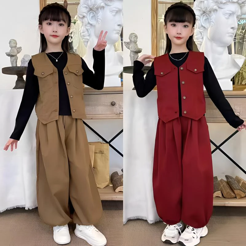 女童套装2025春秋新款中大儿童洋气时髦马甲长袖打底衫裤子三件套