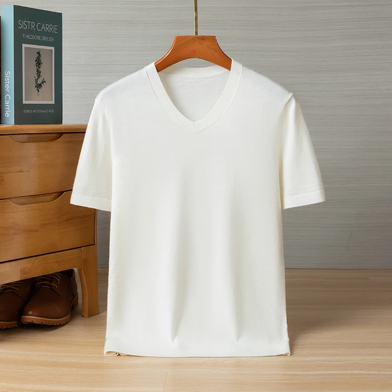 男士新款68支精纺山羊绒V领短袖夏季薄款舒适T恤白色半袖套头衫