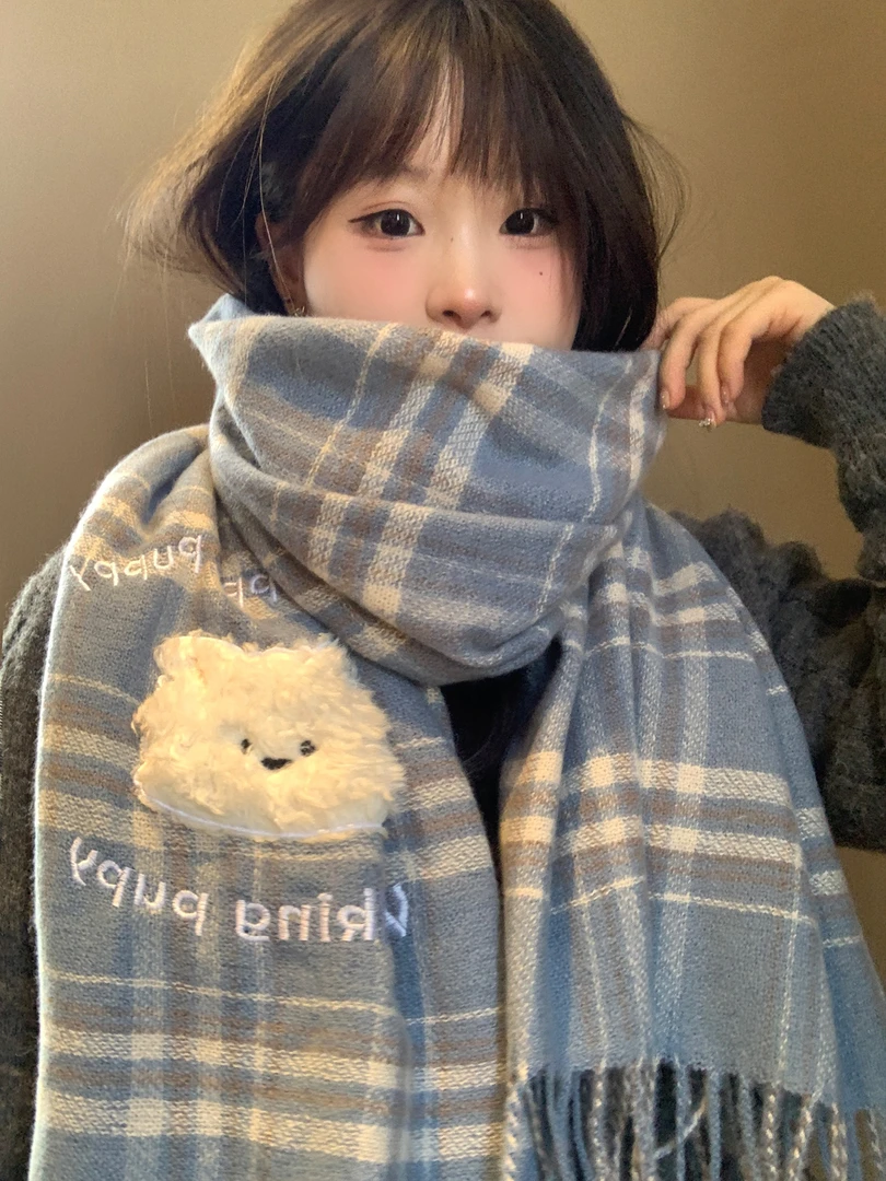 可爱小狗字母刺绣格子针织围巾女秋冬高级感保暖加厚学生护颈围脖